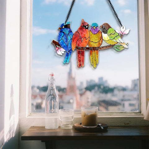 Hatmeo Birds on A Branch Stain Glass Suncatcher
