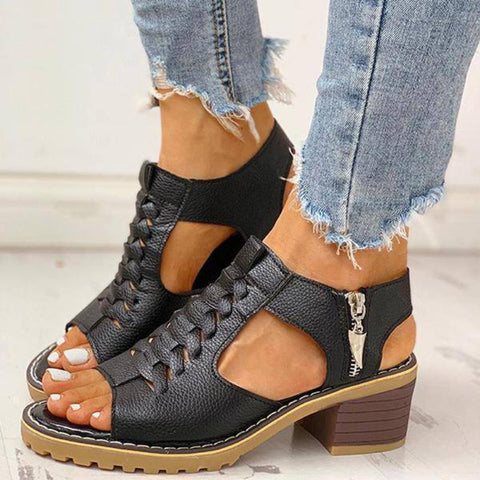 Hatmeo Arch Support Block Heel Zipper Sandals