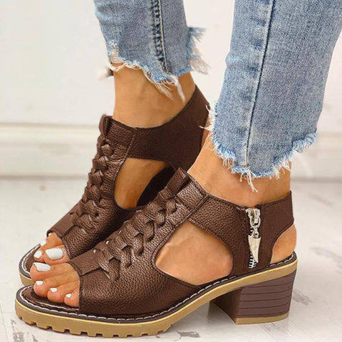 Hatmeo Arch Support Block Heel Zipper Sandals